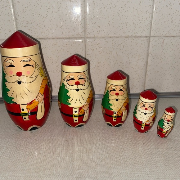 Vintage Wooden 5 Pc Santa Claus Nesting Dolls Painted Christmas - Picture 1 of 16